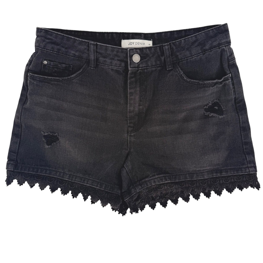 JDY Danish Denim Festival Black Jean Shorts Crochet Lace Trim Sz‎ 40 High Rise